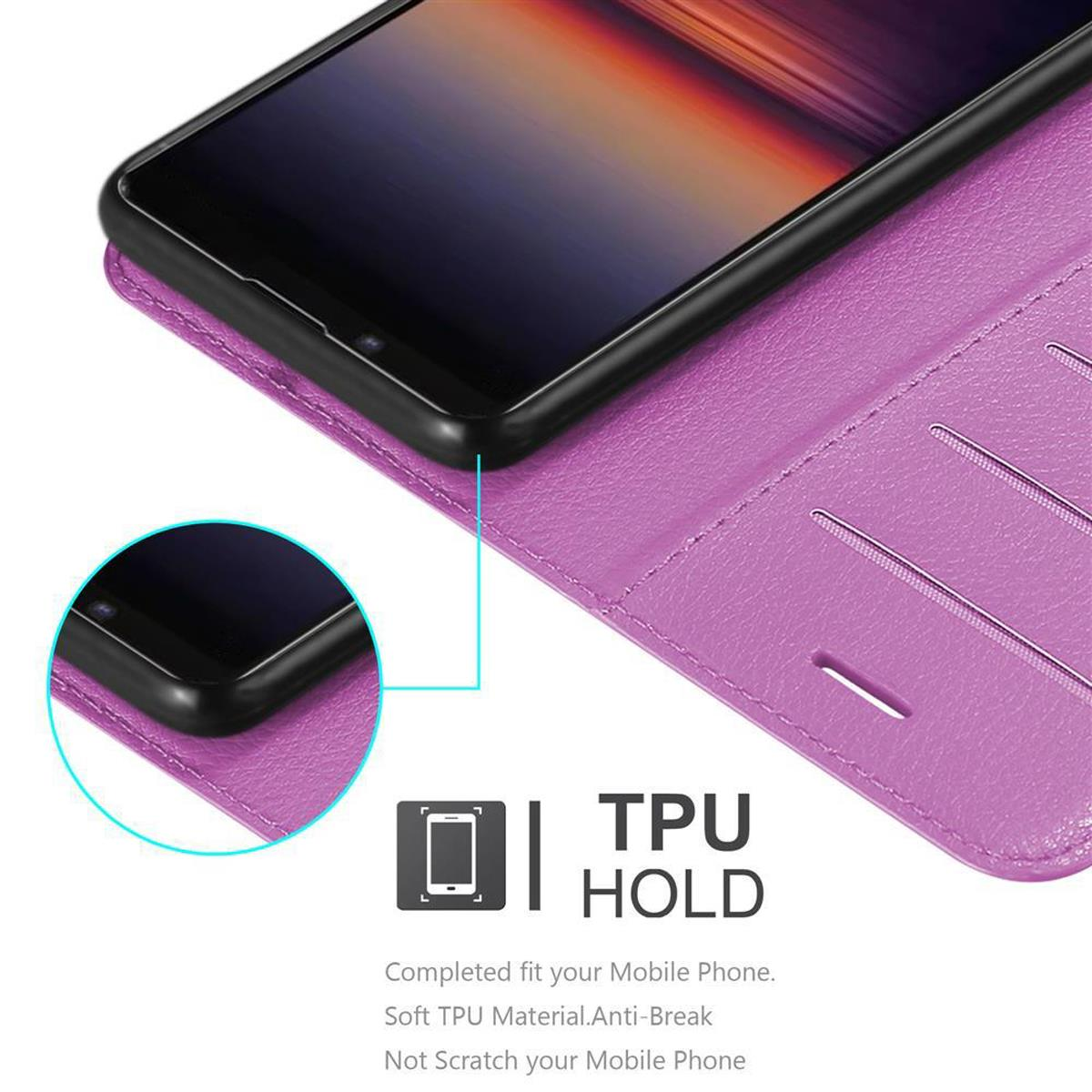 Primo piano di una custodia per telefono viola. Il telefono è nero. Testo: TPU HOLD, vestibilità completa, materiale morbido, anti-rottura.