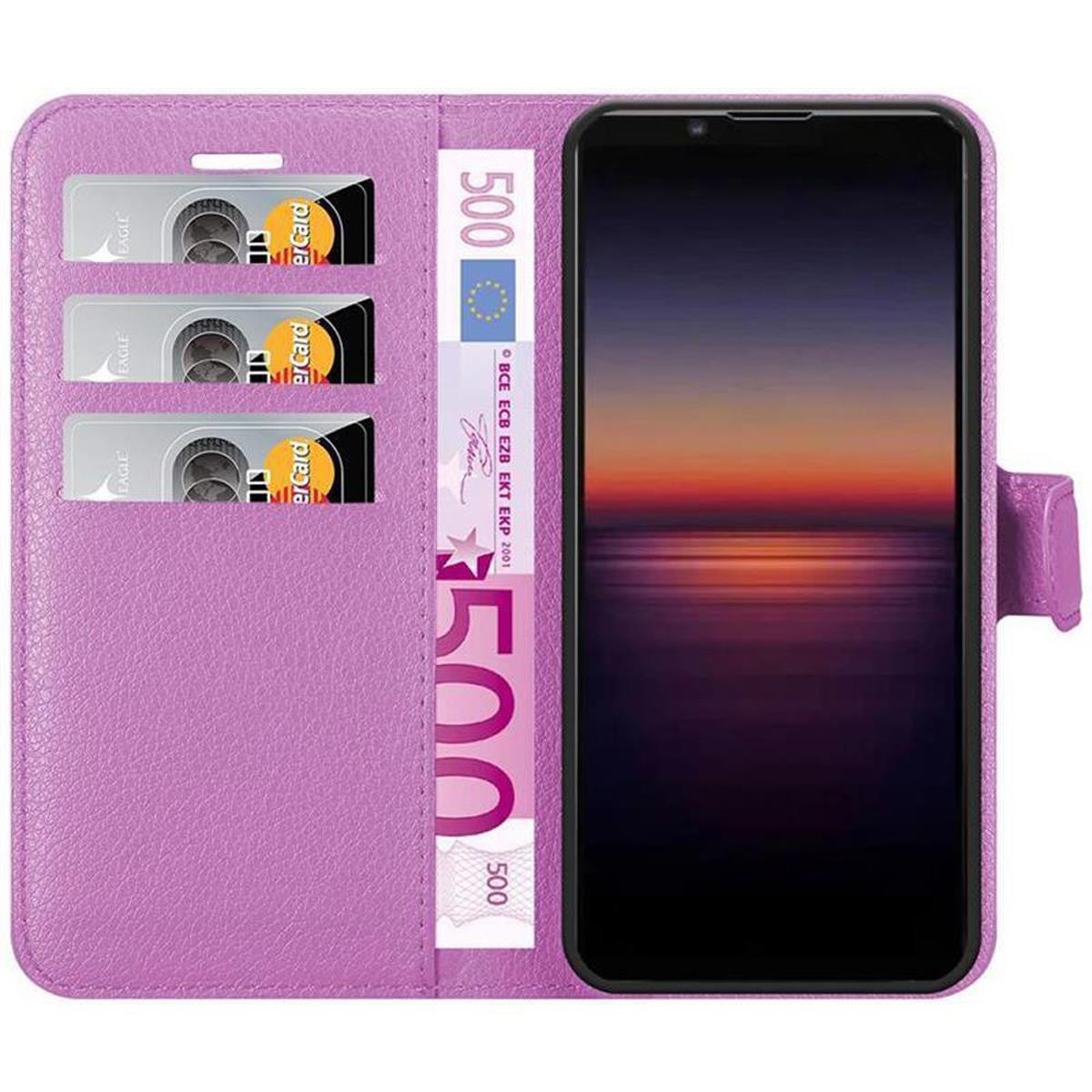 Custodia a portafoglio viola con telefono, 3 carte e denaro.