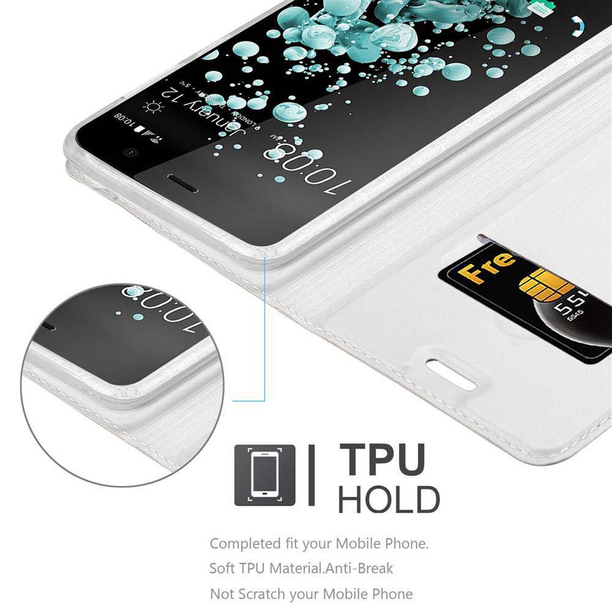 Custodia per telefono aperta con telefono. Testo: TPU HOLD, Adattamento completo, Materiale morbido, Anti-rottura.