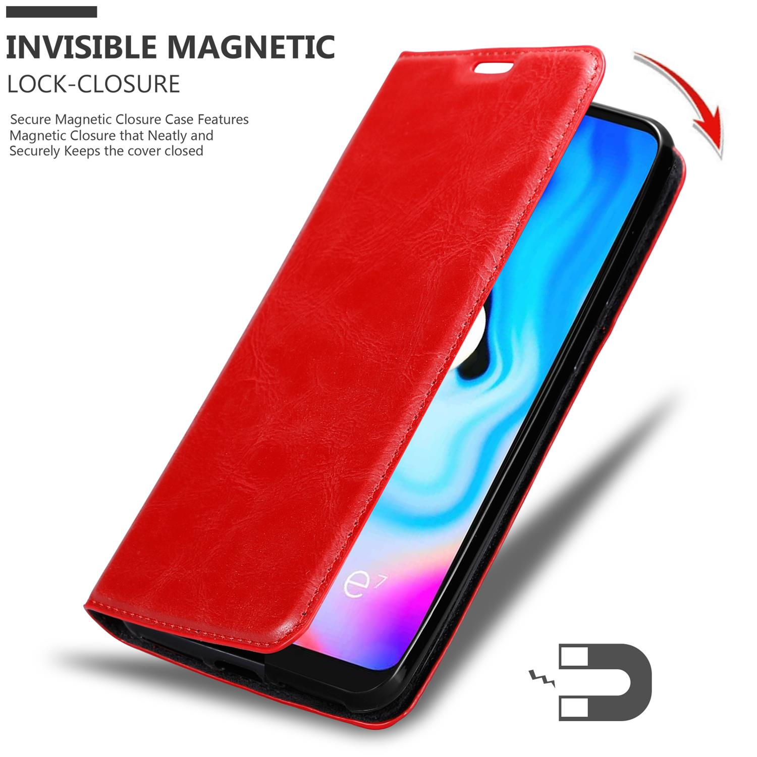 Rote Leder-Handyhülle mit Handy. Text: Unsichtbarer magnetischer Verschluss.