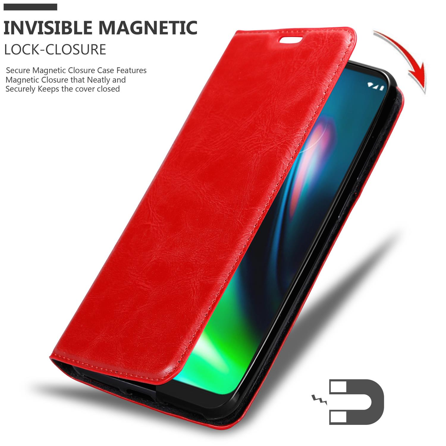 Custodia per telefono rossa che si apre. Il telefono è dentro. Il testo dice chiusura magnetica invisibile.