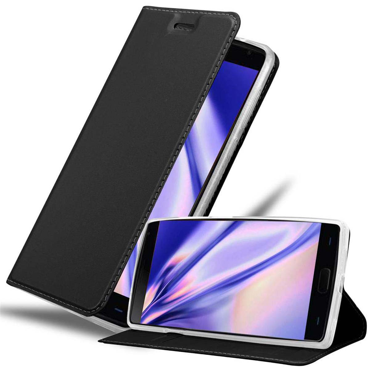 Custodia nera aperta, telefono dentro, mostra lo schermo. Lo sfondo è bianco.