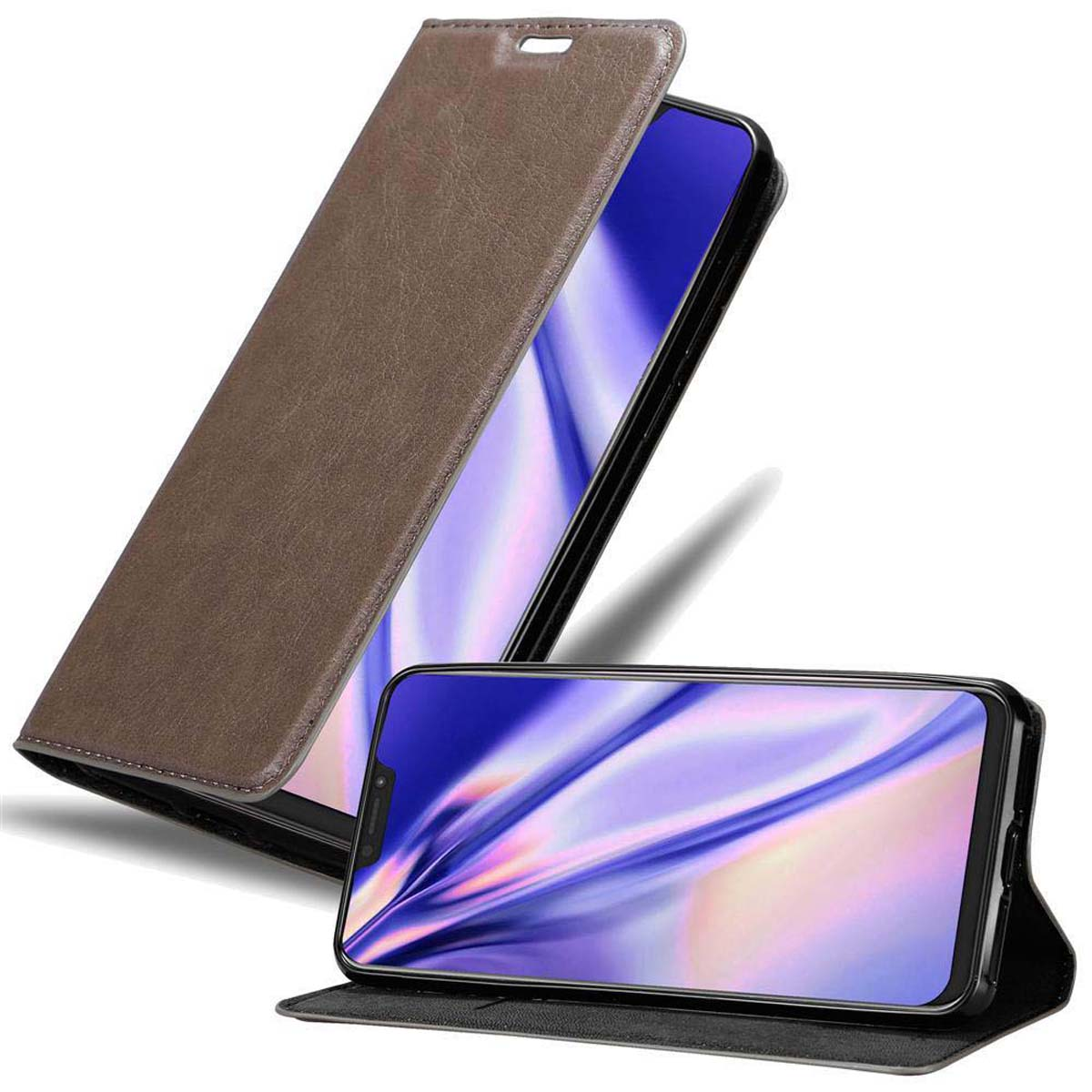 Una funda de teléfono marrón con un teléfono dentro. El teléfono está abierto y la pantalla es visible.
