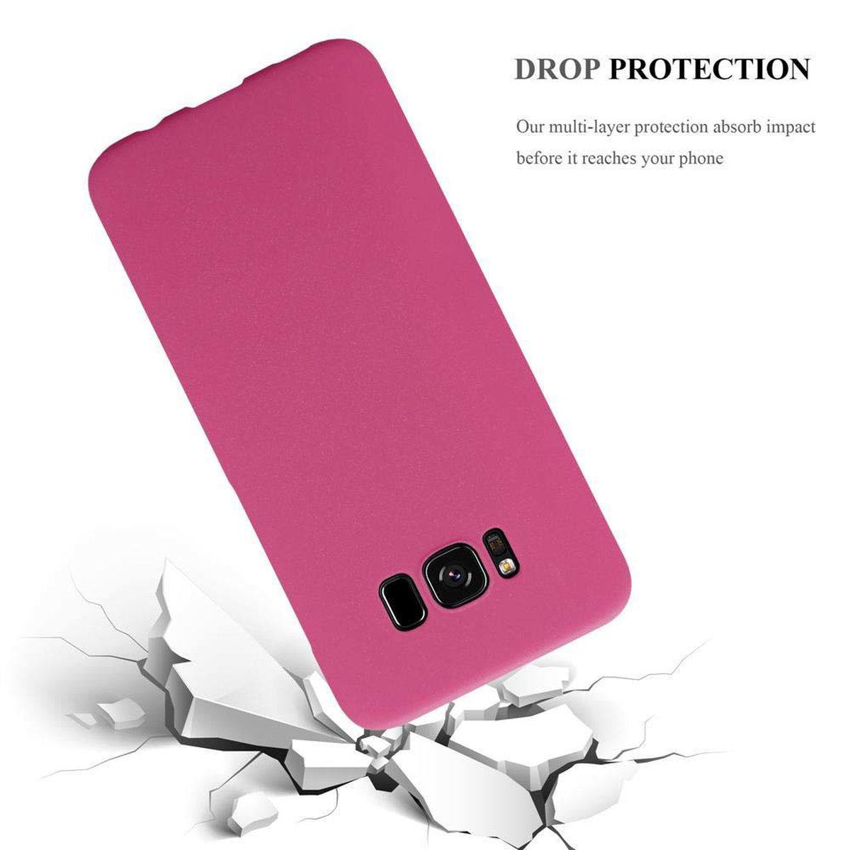 Eine pinke Handyhülle ist über einer zerbrochenen Oberfläche abgewinkelt. Der Text 'Drop Protection' steht oben.