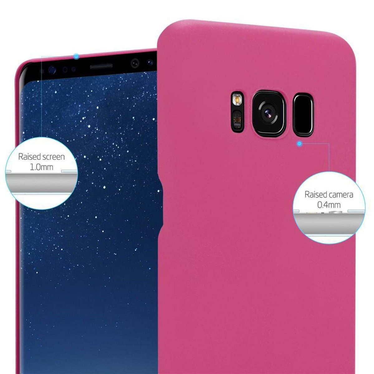 Rosa Handyhülle mit Telefon. Das Bild zeigt den erhöhten Bildschirm und die Kamera des Telefons.