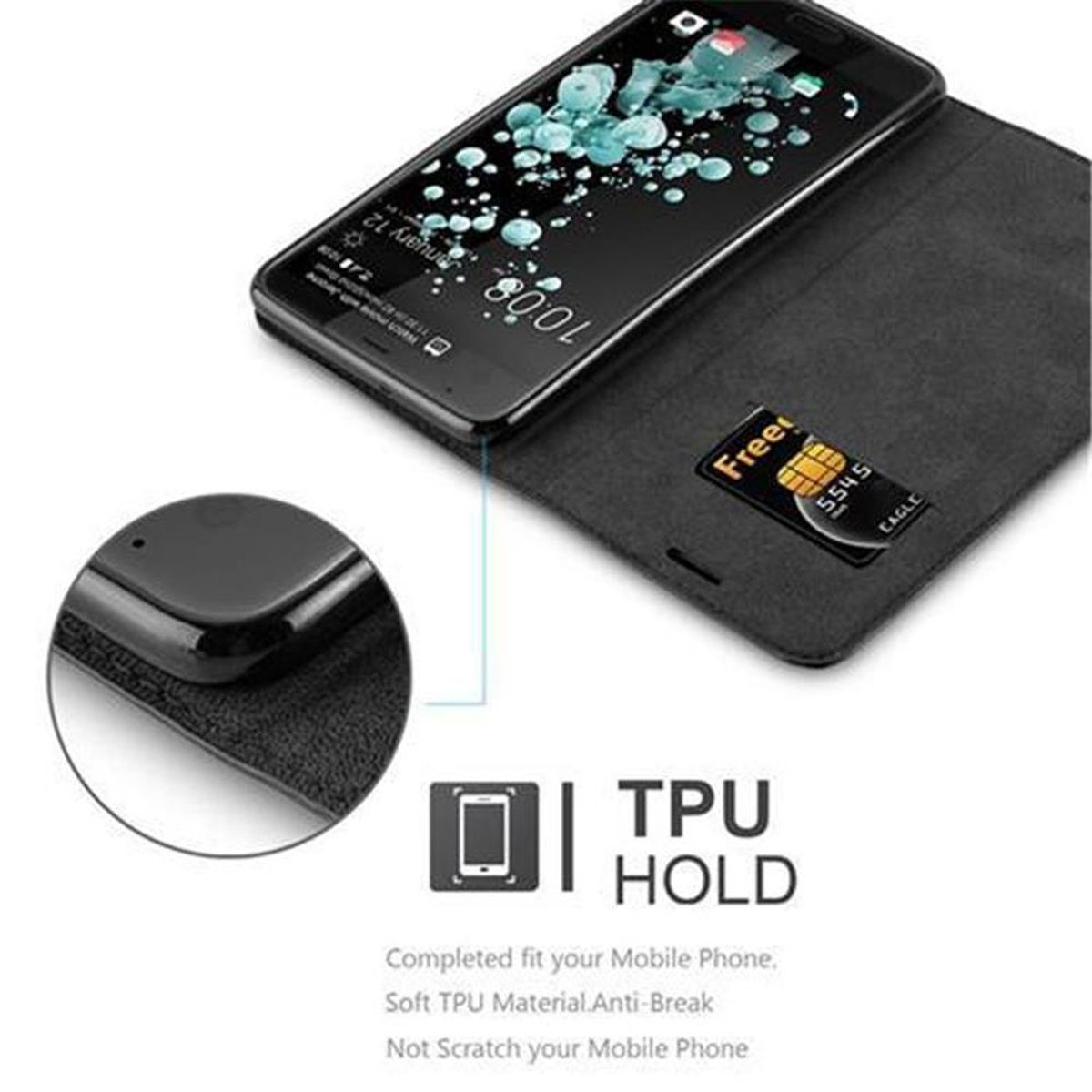 Custodia del telefono aperta con un telefono. Una carta di credito è in una fessura. Il telefono mostra uno sfondo colorato.