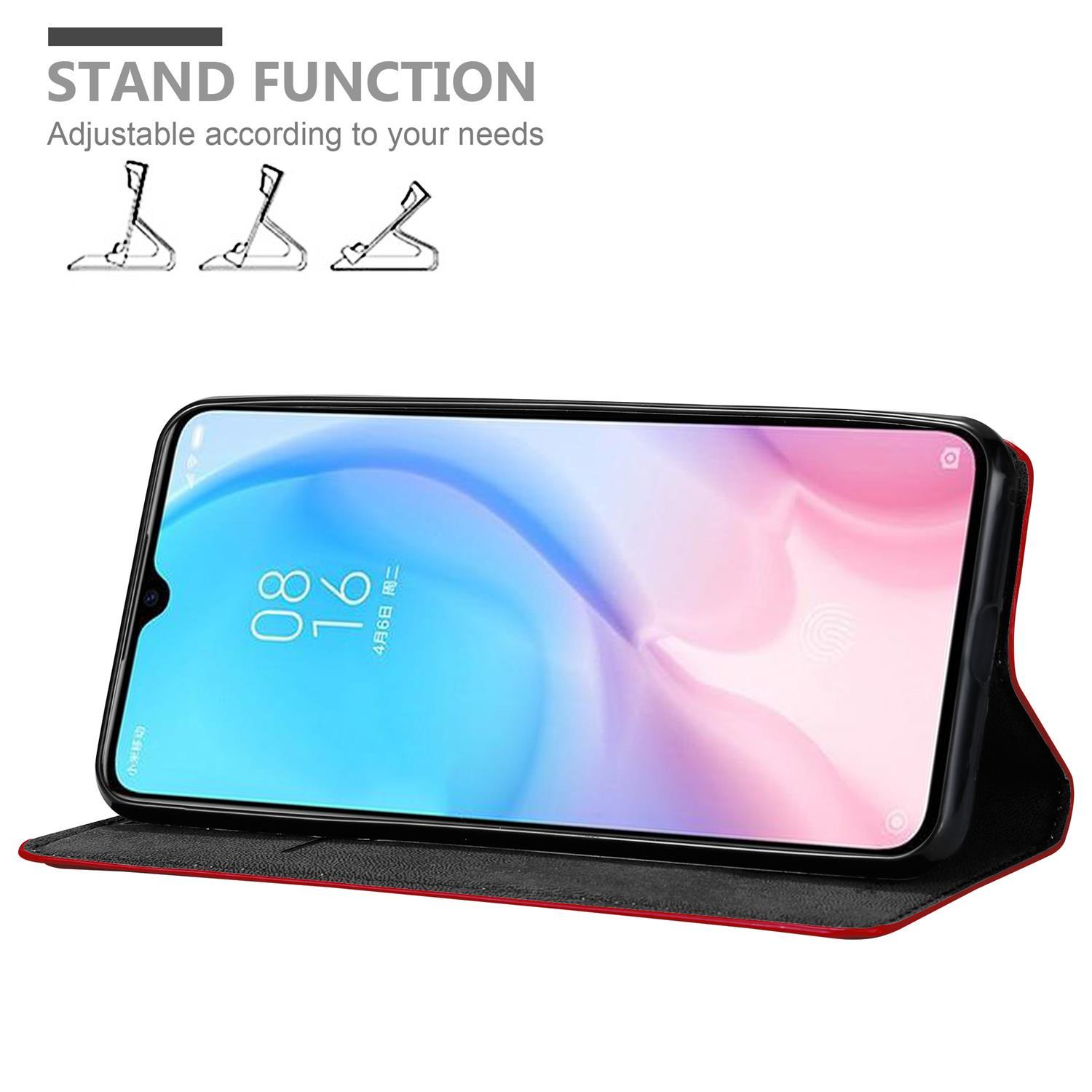 Custodia per telefono rossa con telefono che mostra uno sfondo astratto. La custodia è aperta e ha una funzione stand.