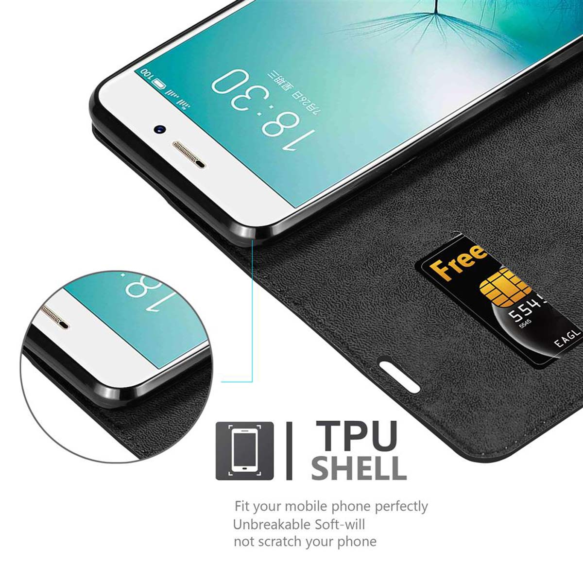 Una custodia nera per telefono con un telefono e una carta di credito, con un guscio in TPU, con uno sfondo nero.