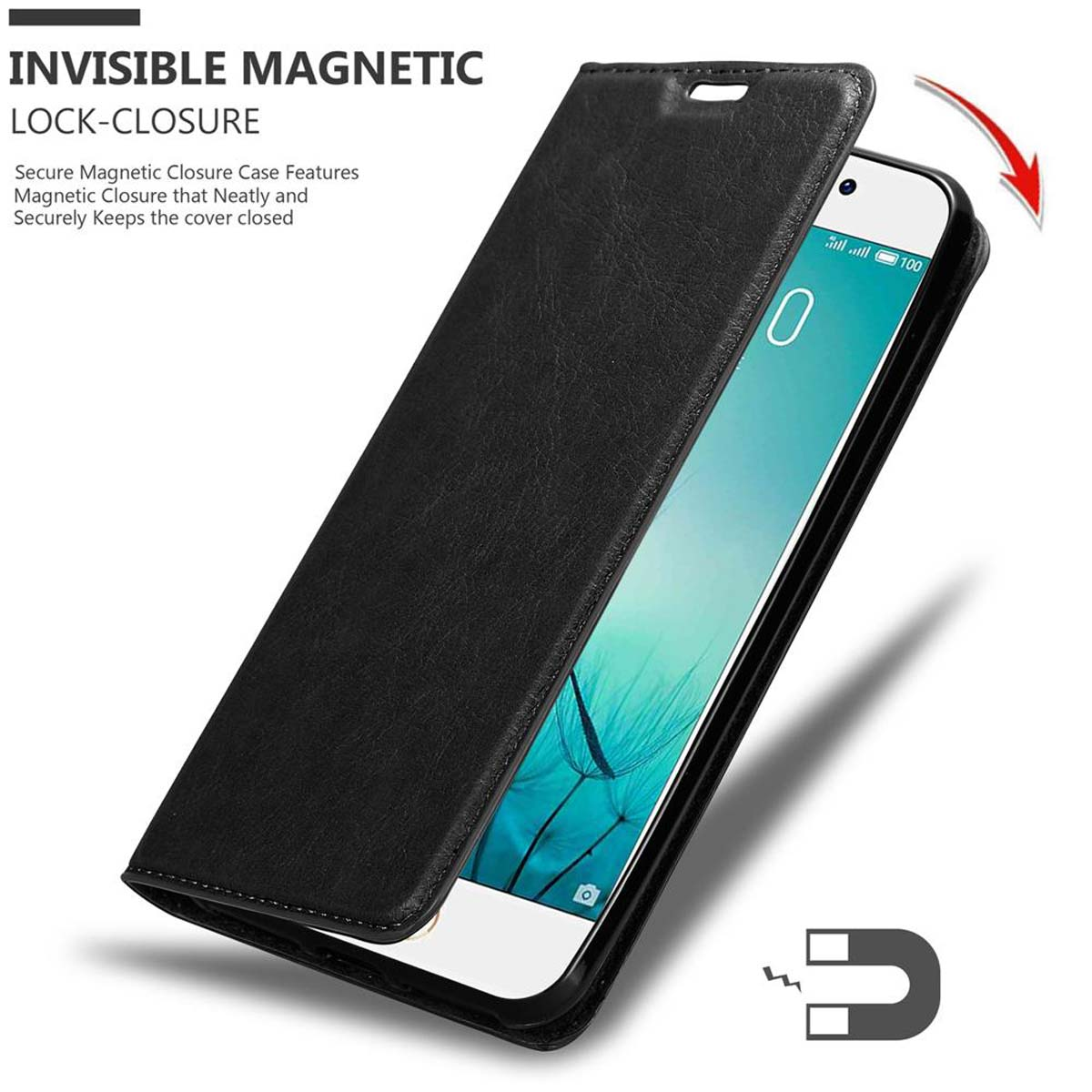 Custodia per telefono nera aperta, che mostra un telefono all'interno. Freccia indica chiusura magnetica.
