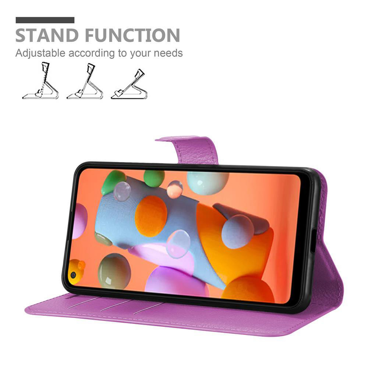 Una custodia viola con un telefono dentro. Lo schermo del telefono mostra un design colorato. La custodia può stare in piedi.