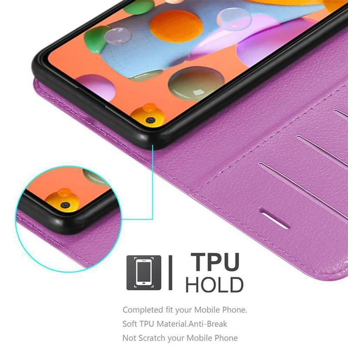 Custodia viola con telefono nero. Custodia aperta, mostra telefono e supporto TPU.