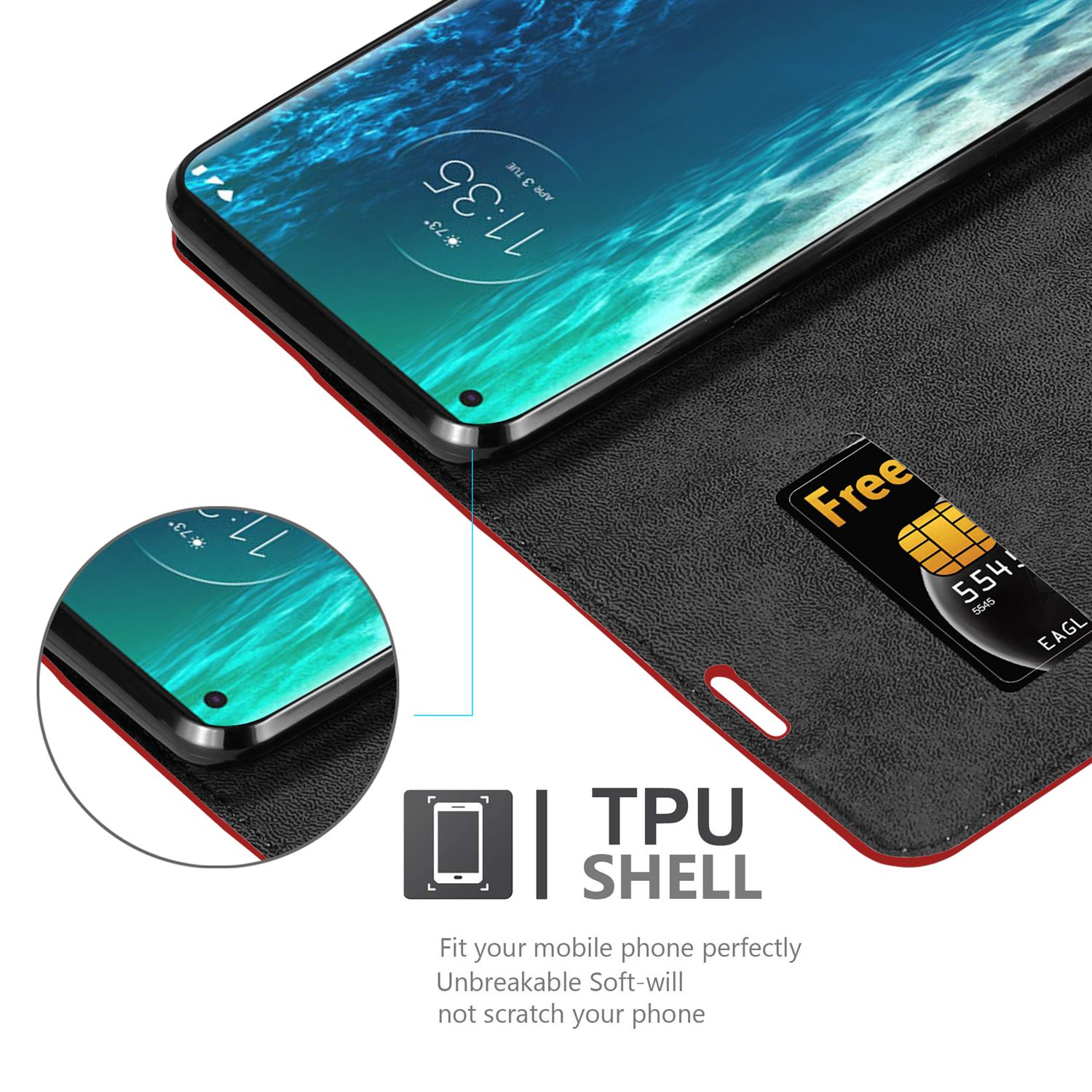 Schwarzes Telefon in einem rot umrandeten Gehäuse. Eine Karte mit einem goldenen Chip liegt auf dem Gehäuse.