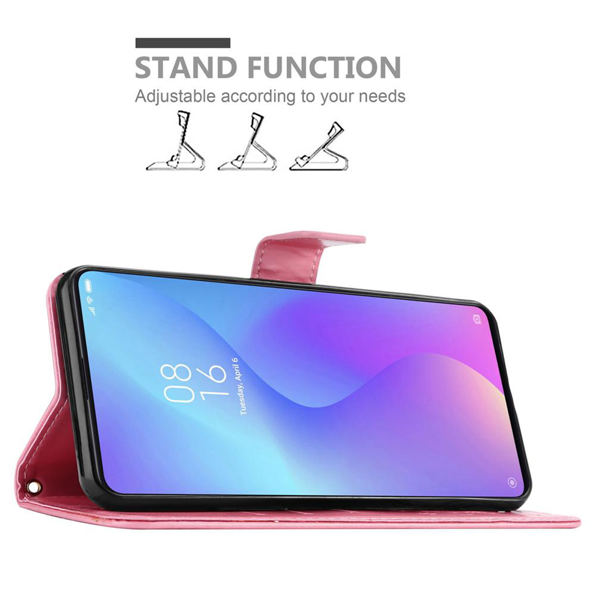 Custodia per telefono rosa con un telefono. Funzione stand. Sfondo bianco con testo sulla funzione stand.