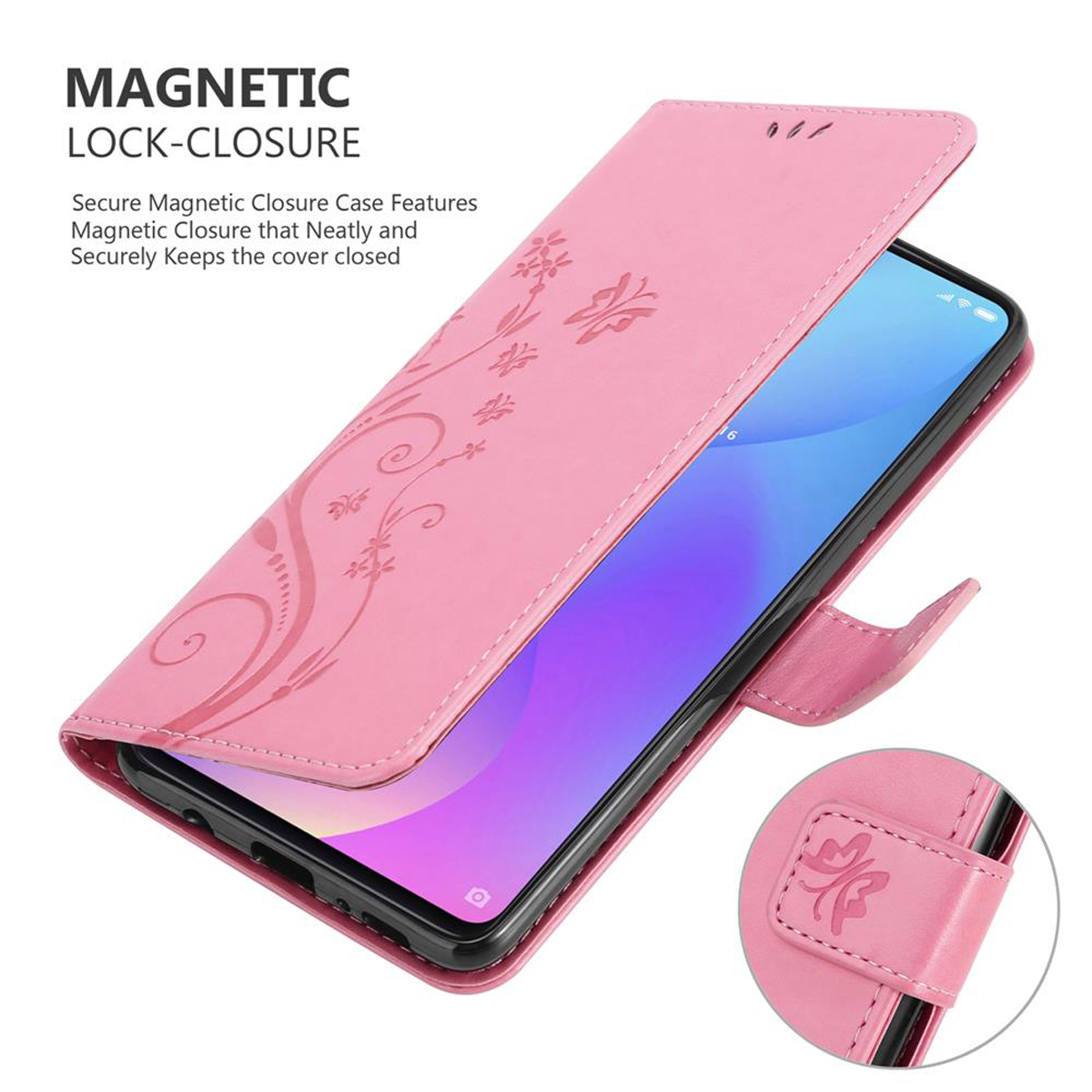 Custodia per telefono rosa aperta, che rivela un telefono all'interno. Design floreale, chiusura magnetica.
