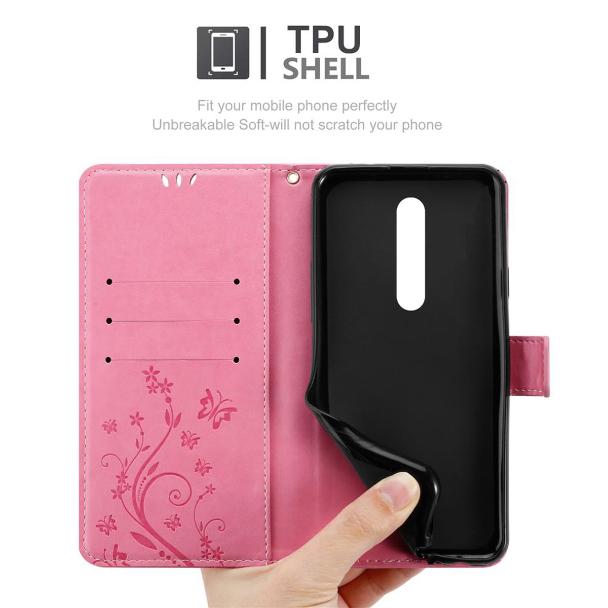 Custodia per telefono rosa, aperta, con una mano che tiene il telefono, mostrando l'interno e l'esterno.