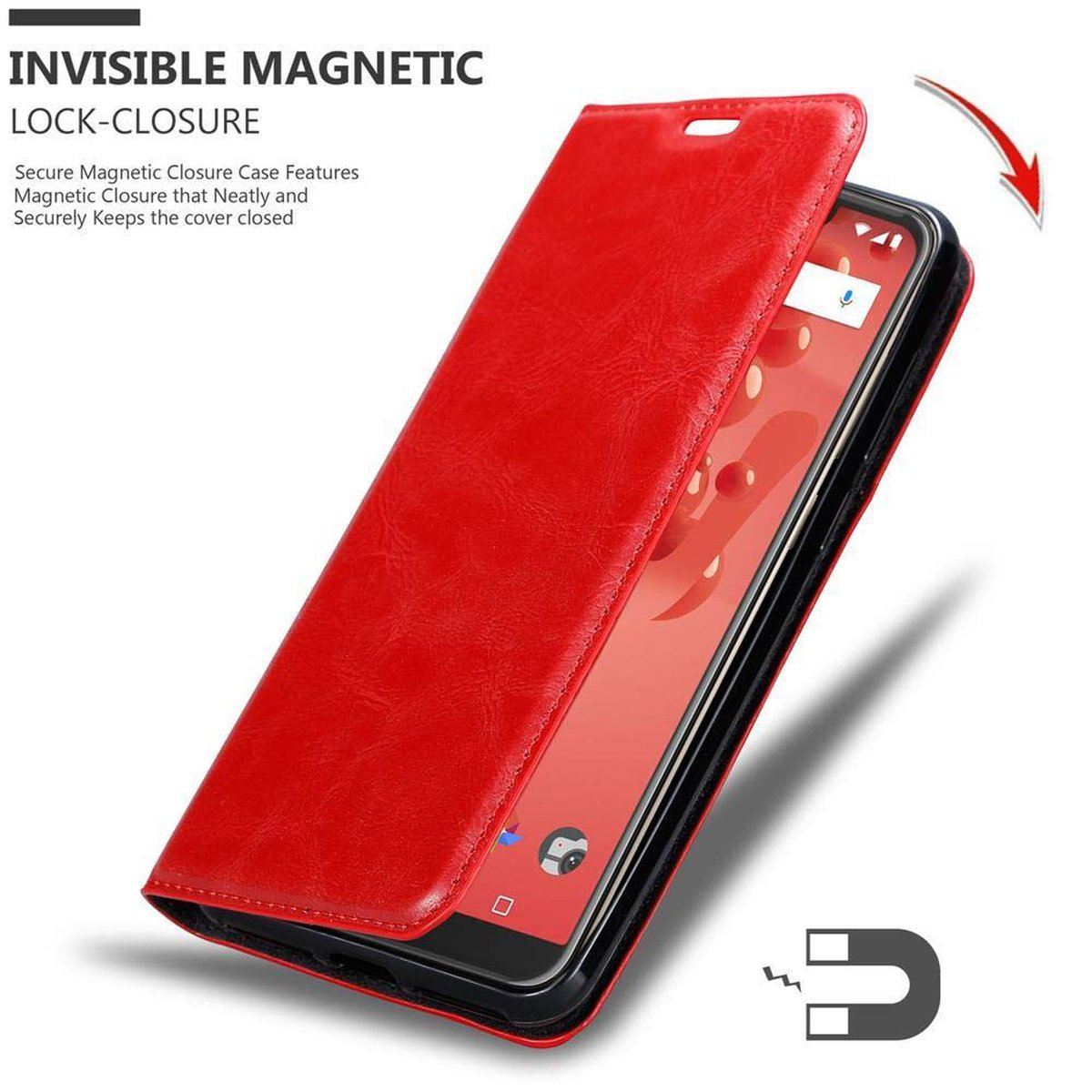 Rote Leder-Handyhülle mit Telefon. Text: Unsichtbarer Magnetverschluss.