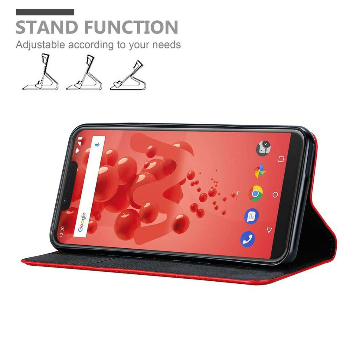 Telefon in einer Standhülle, Bildschirm an, mit Symbolen. Text: Standfunktion.