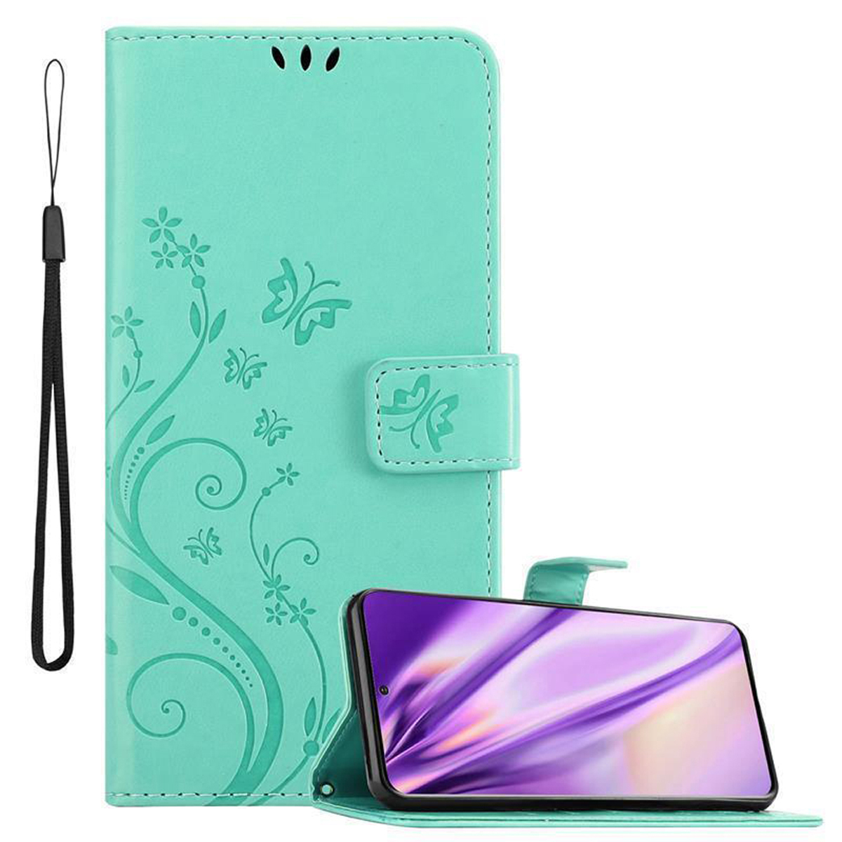 Türkisfarbene Handyhülle offen, Telefon sichtbar. Blumendesign, schwarzer Riemen. Weißer Hintergrund.