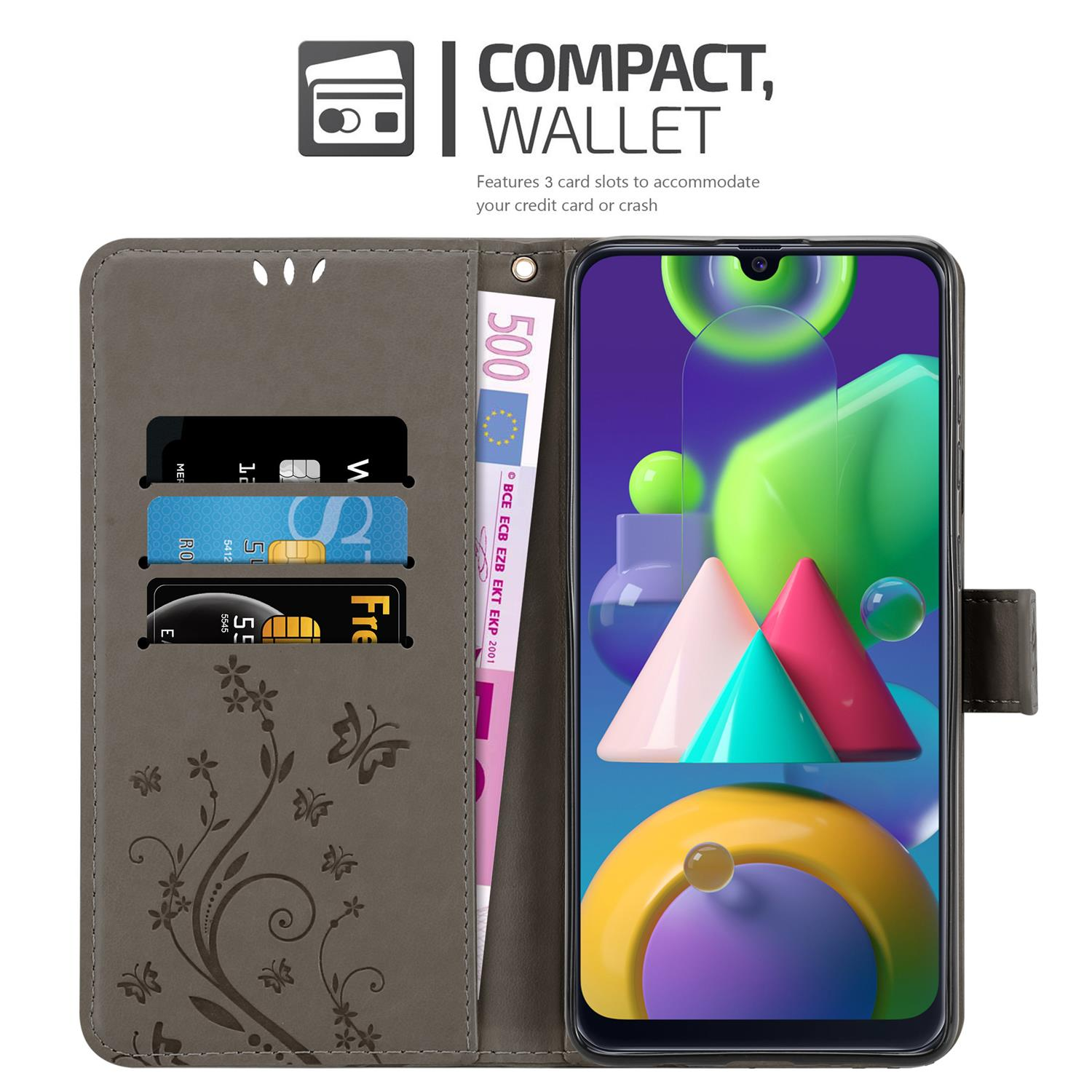 Portafoglio grigio con telefono, tre fessure per carte e una banconota da 500 euro. Il telefono mostra uno schermo colorato.