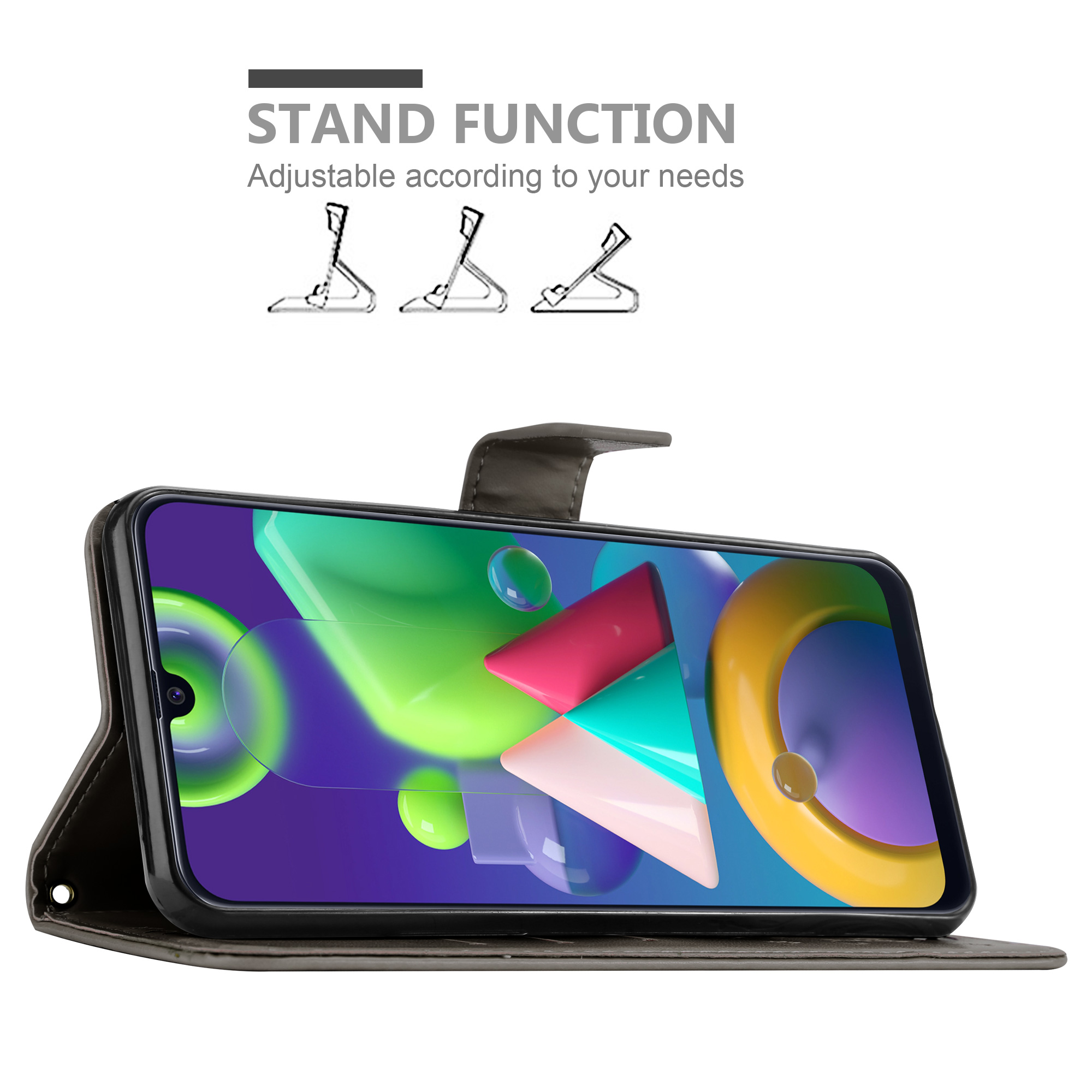 Custodia per telefono con funzione supporto. Lo schermo del telefono mostra forme astratte colorate.