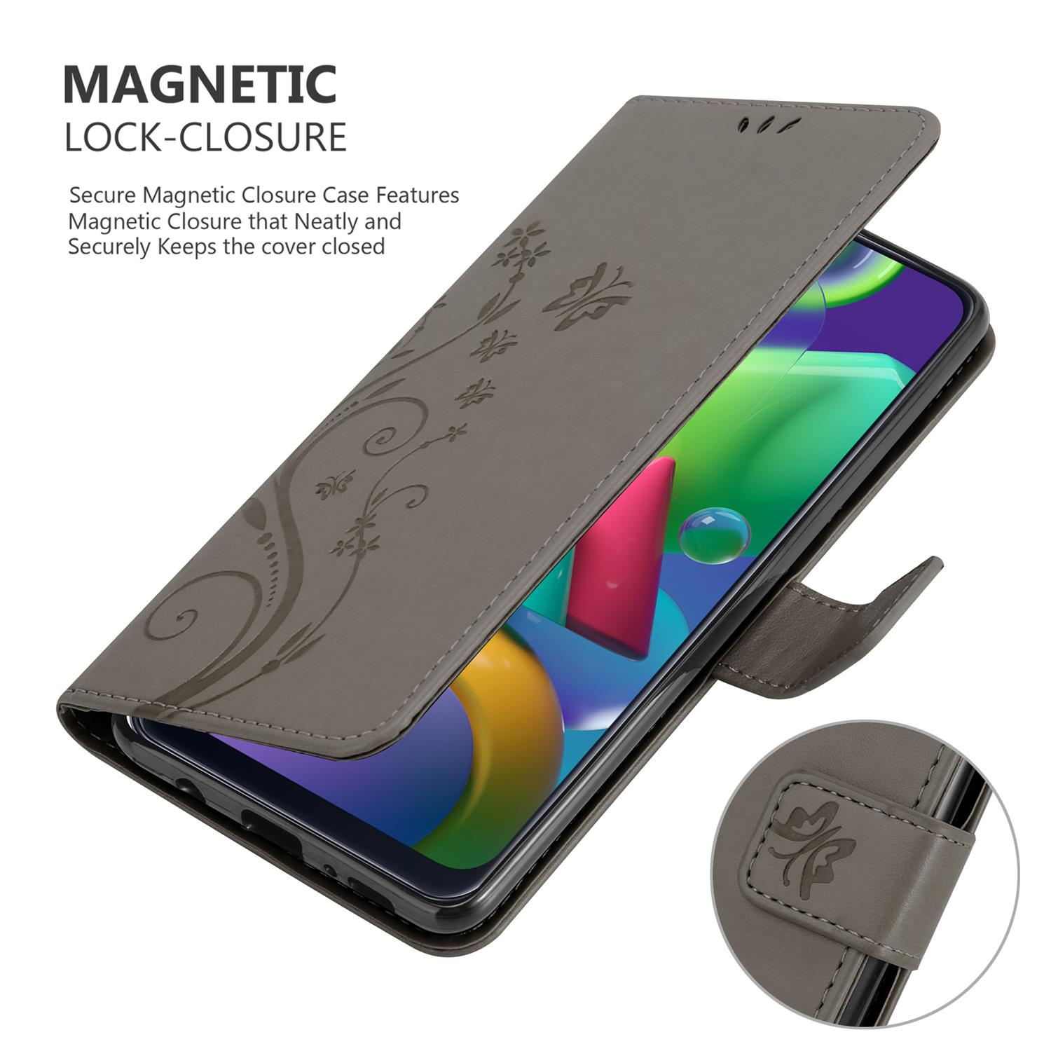 Custodia grigia aperta, che mostra il telefono con schermo colorato. Design floreale sulla custodia. 'MAGNETIC LOCK-CLOSURE'.