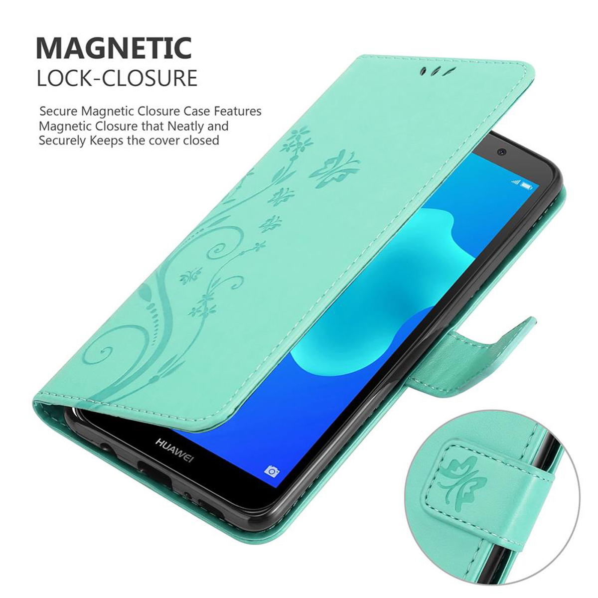 Una custodia per telefono verde menta è aperta, rivelando un telefono nero. Dettagli floreali e le parole 'MAGNETIC LOCK-CLOSURE' sono visibili.