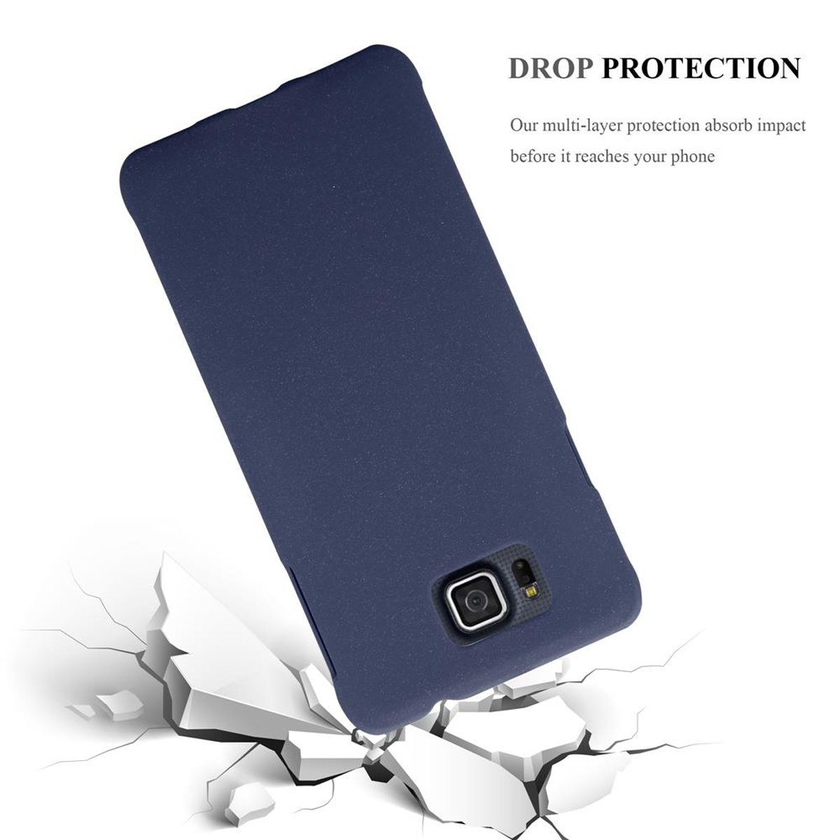 Funda de teléfono azul con teléfono en superficie blanca. Texto: PROTECCIÓN CONTRA CAÍDAS.