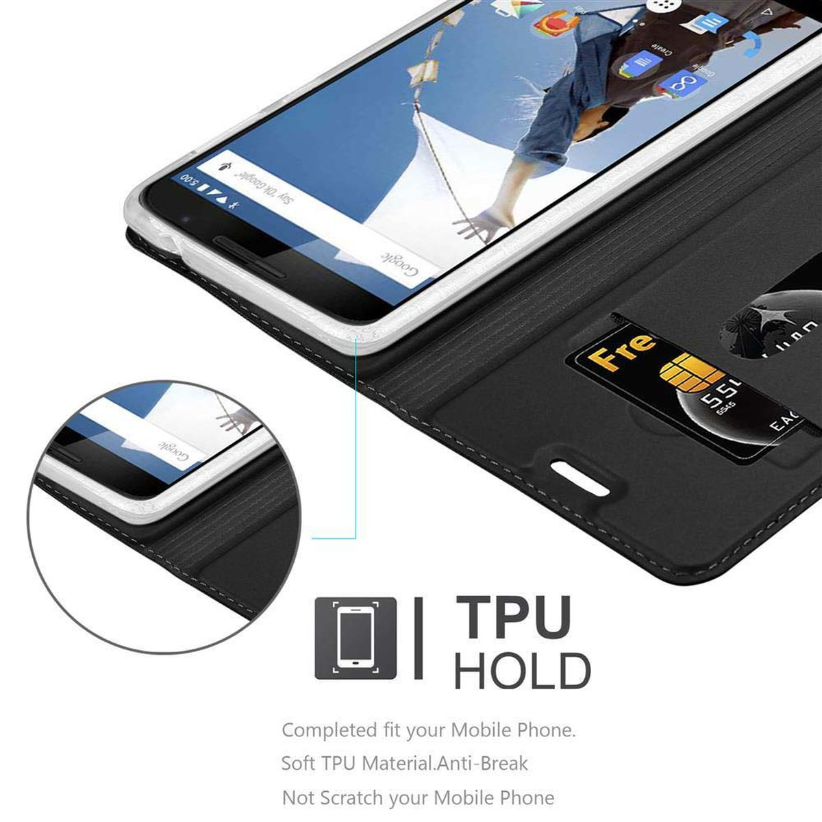 Teléfono en una funda con tarjeta de crédito. La pantalla muestra la interfaz del teléfono.
