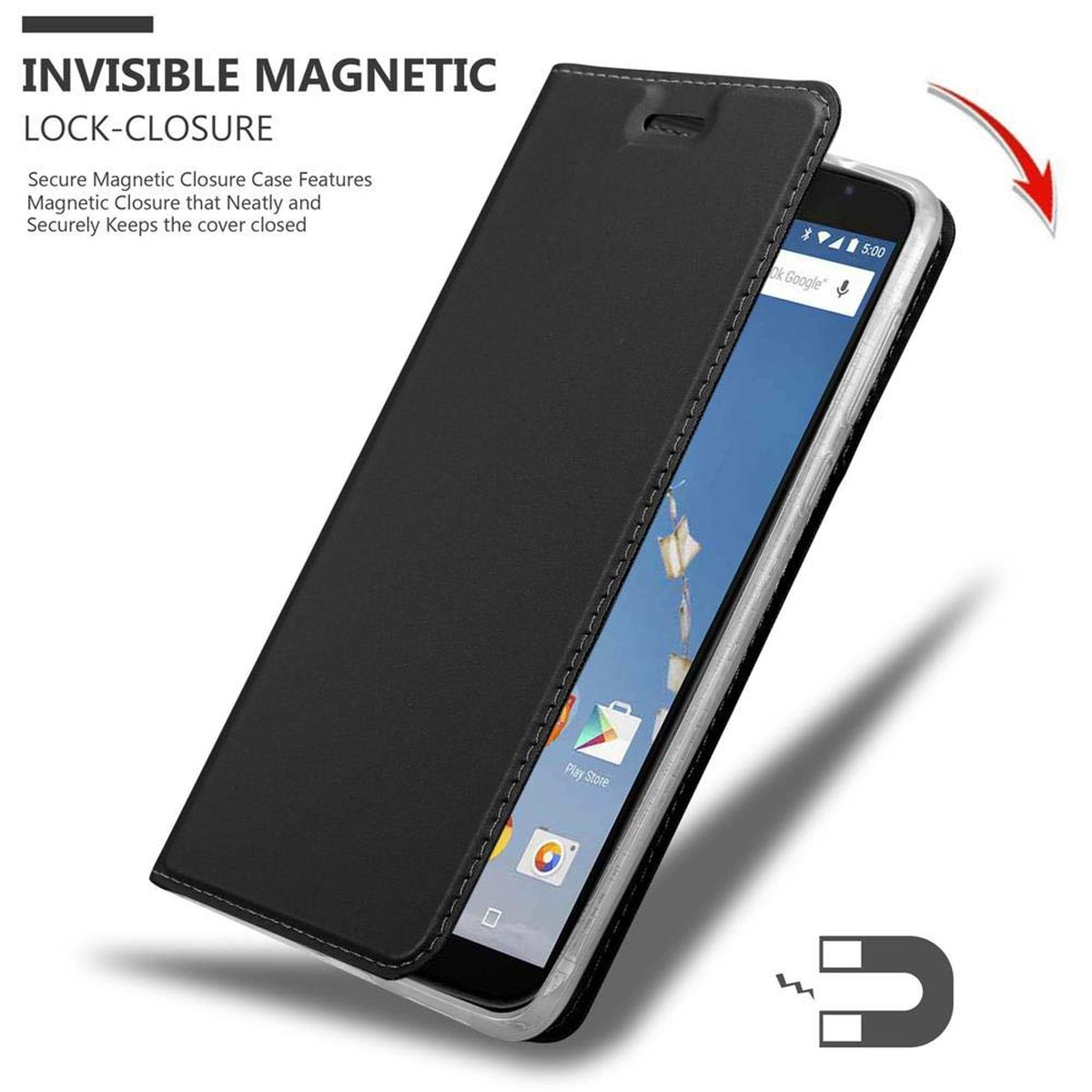 Funda negra para teléfono, abierta hacia un lado. Tiene un cierre magnético. El teléfono muestra una pantalla de Google.