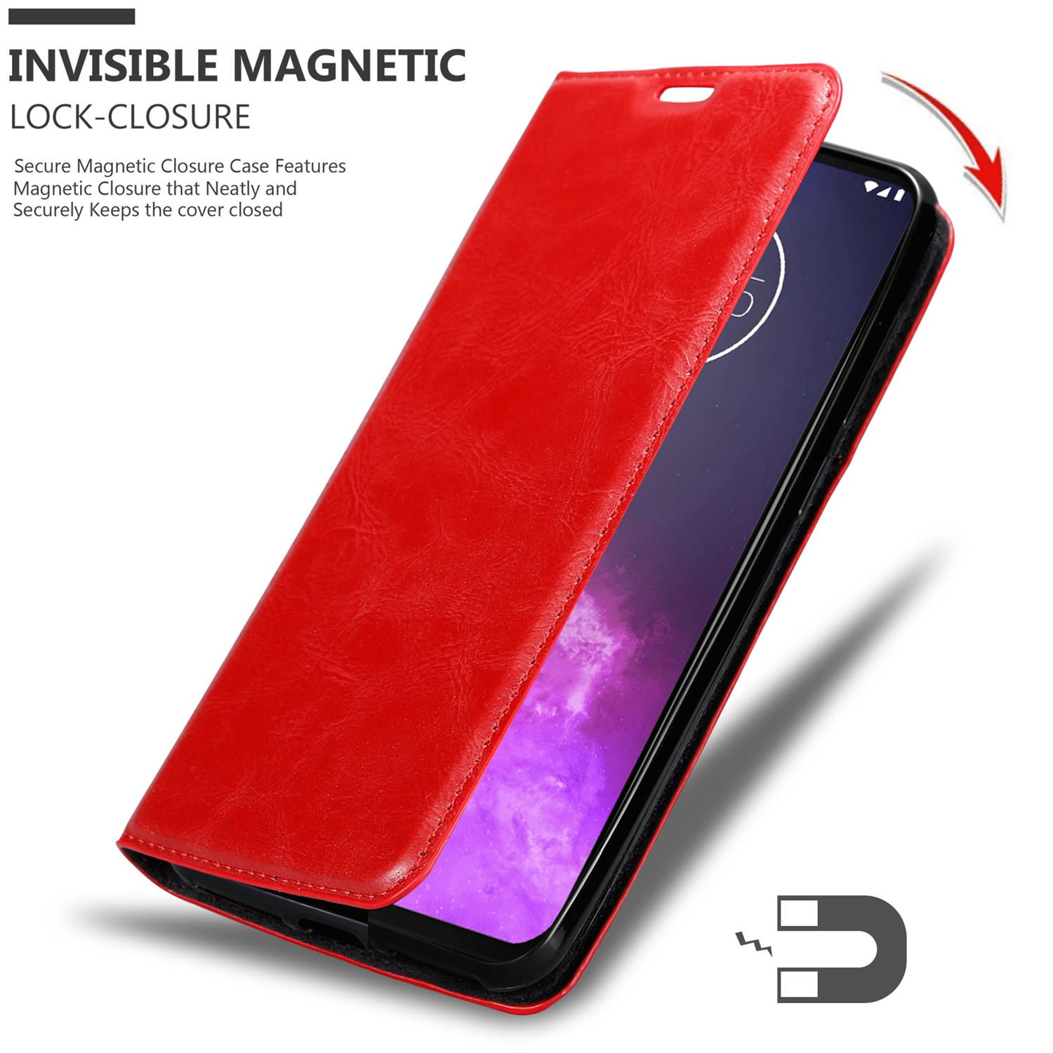 Custodia rossa per telefono con schermo visibile e chiusura magnetica.