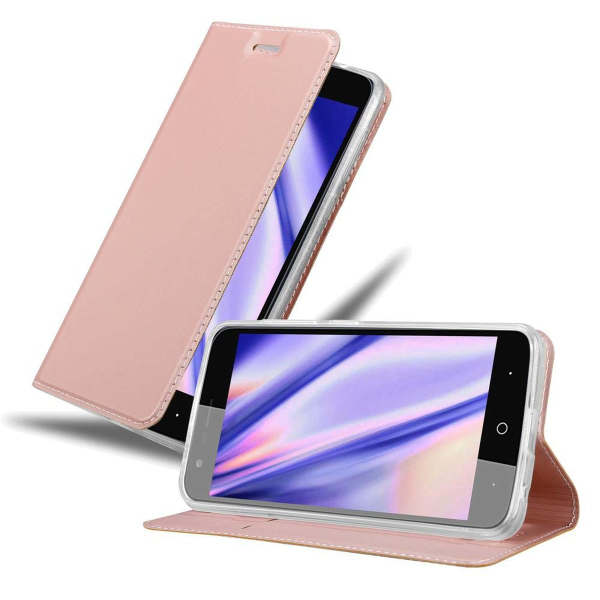 Funda rosa para teléfono con teléfono dentro. La funda está abierta y muestra la pantalla.