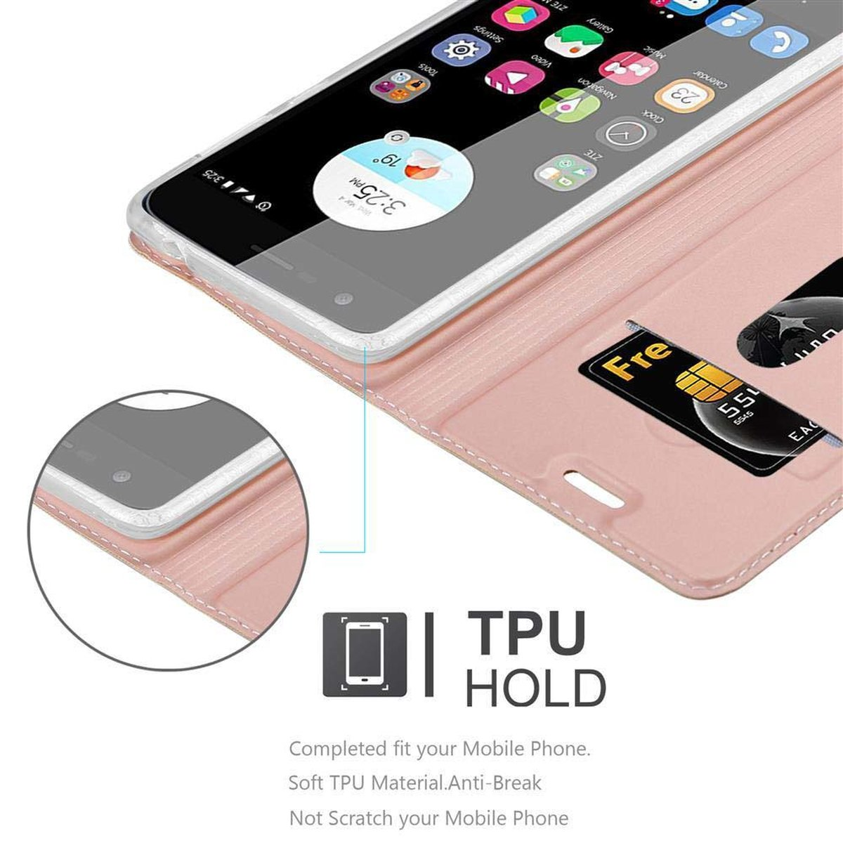 Funda de teléfono rosa abierta. El teléfono está dentro. La funda tiene ranuras para tarjetas y un soporte de TPU.