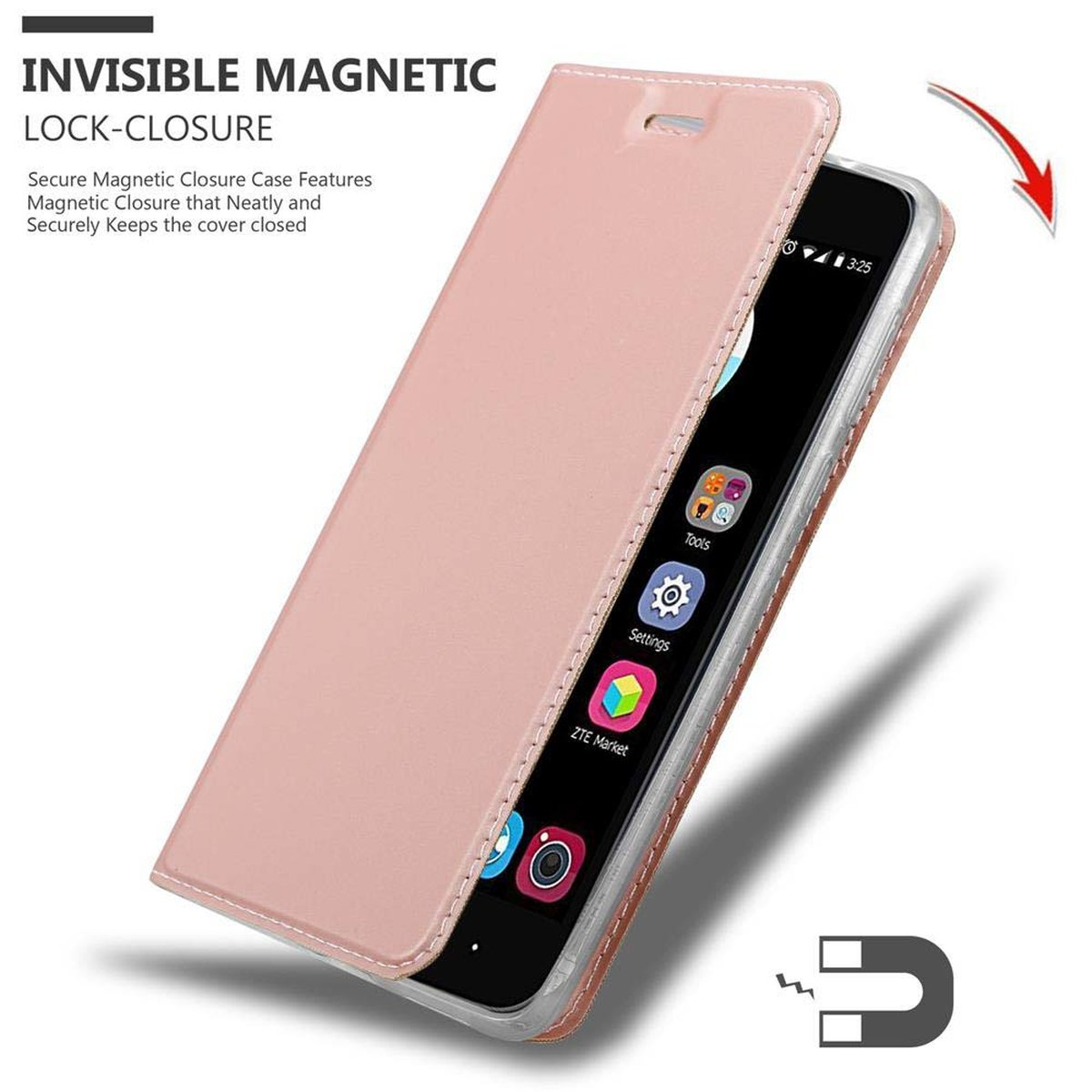 Funda de teléfono rosa con un teléfono dentro. Texto: Cierre magnético invisible. Icono magnético. Fondo blanco.