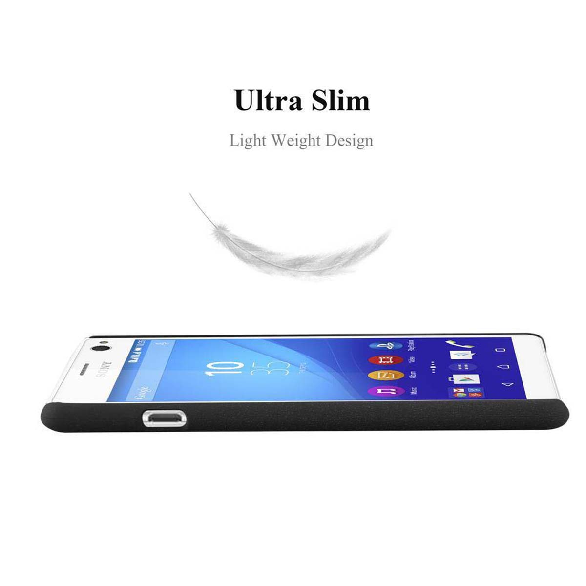 Ein schlankes weißes Telefon liegt flach. Text: Ultra Slim, Light Weight Design. Eine Feder schwebt darüber.