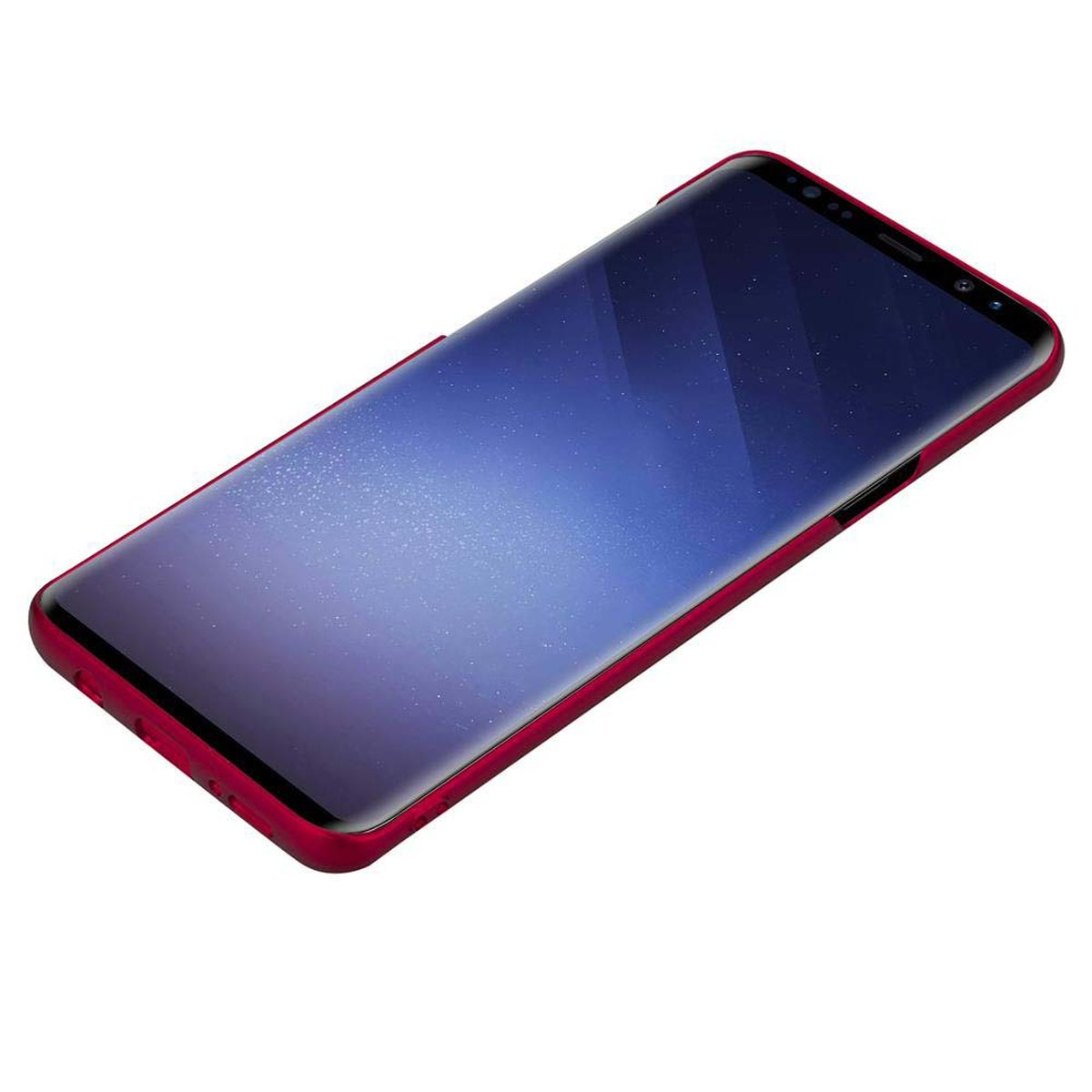 Ein Telefon liegt in einer roten Handyhülle.