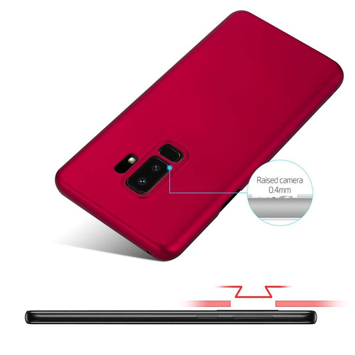 Rote Handyhülle, mit Telefon, mit erhöhtem Kamerabereich, zur Kennzeichnung des Schutzes.