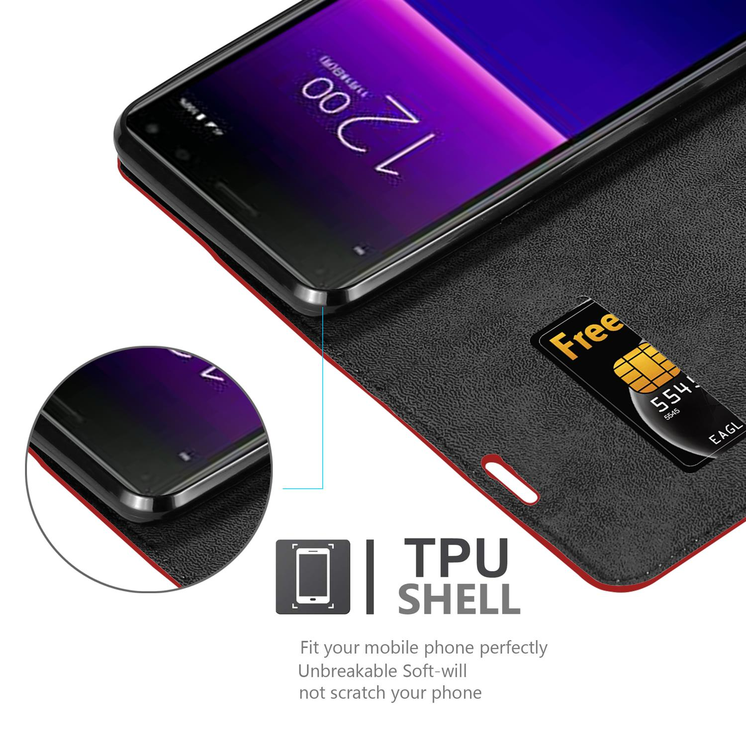 Handyhülle mit Telefon, SIM-Karte und Text über die TPU-Schale.