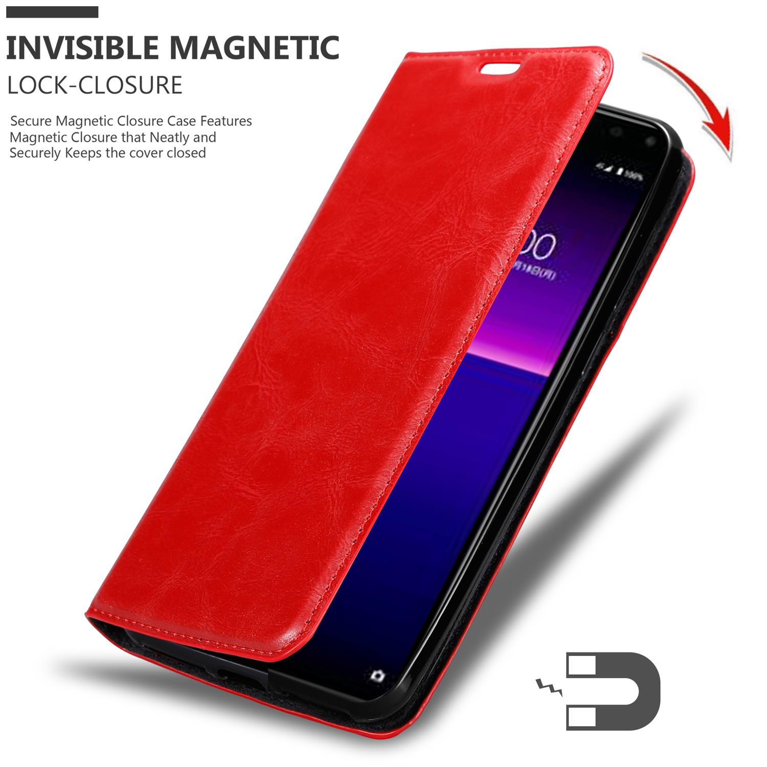 Rote Handyhülle, offen, Telefon zeigend. Magnetverschluss-Detail. Schwarzes Telefon, weißer Hintergrund.