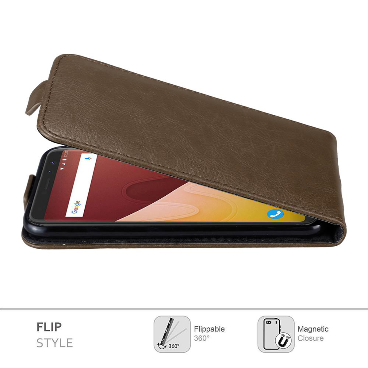 Eine braune Handyhülle, die geöffnet ist, um ein Telefon mit einer Google-Suchseite freizugeben.