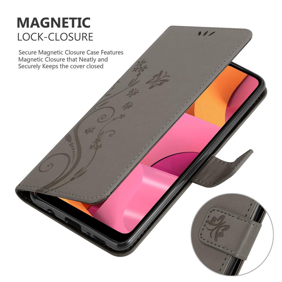 Custodia del telefono aperta con telefono dentro. Testo: 'Magnetic Lock-Closure'. Design floreale e chiusura.