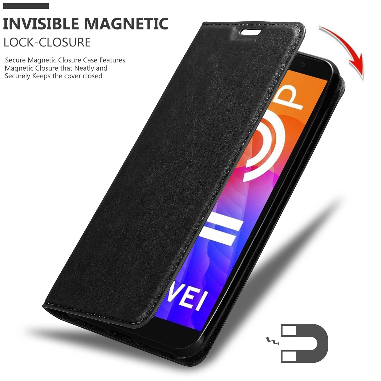 Una custodia nera per telefono con un telefono e una chiusura magnetica, con uno sfondo bianco.