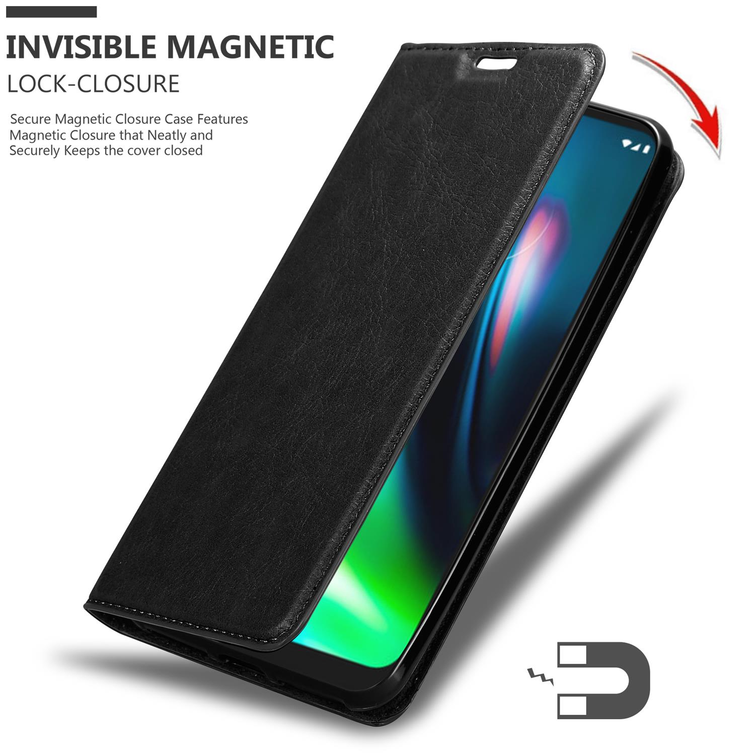 Telefono nero in una custodia nera. La custodia è aperta, rivelando il telefono. C'è un'icona a calamita.