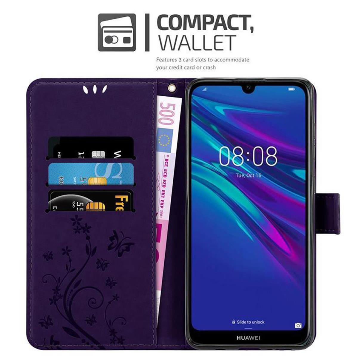 Custodia a portafoglio viola aperta, che mostra telefono, carte e denaro.