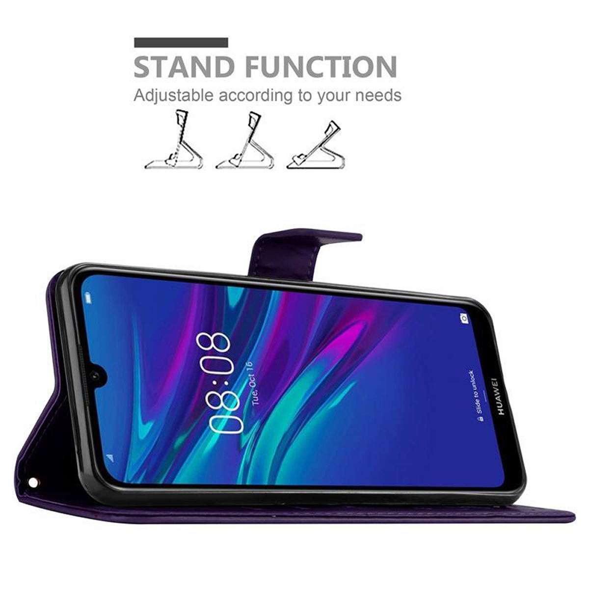 Custodia per telefono viola aperta, con un telefono dentro. Lo schermo del telefono è visibile.