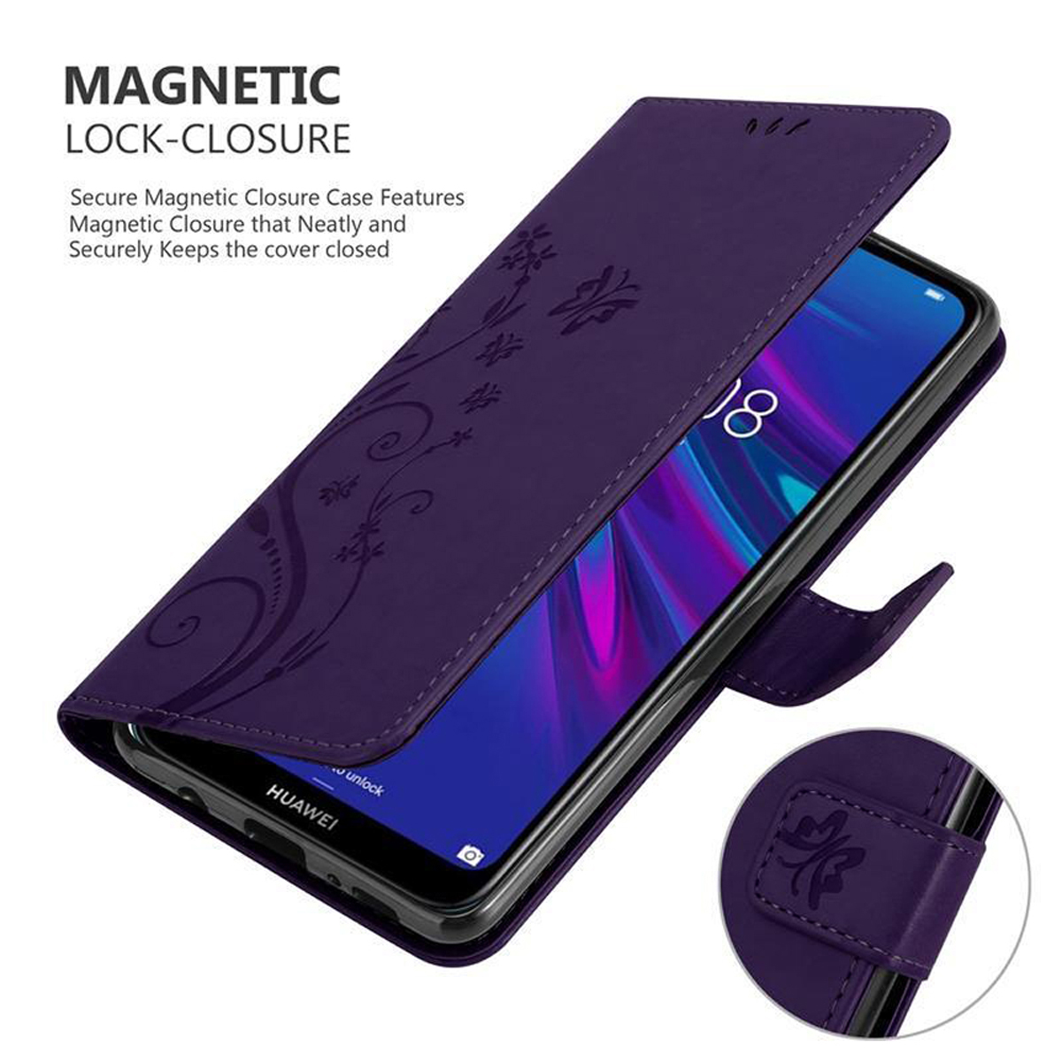Custodia viola per telefono con telefono. La custodia ha un design floreale. La custodia si apre per rivelare il telefono. Sfondo bianco.