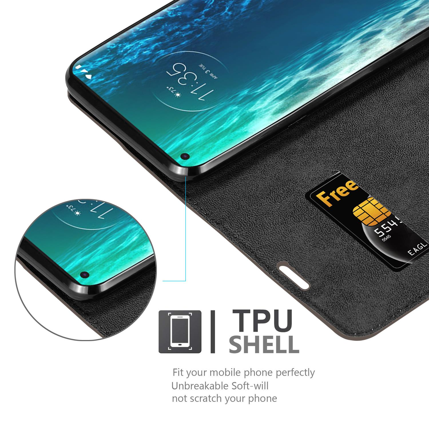 Ein Telefon in einer Hülle. Nahaufnahme des Telefons und des Gehäuseinneren, einschließlich eines SIM-Kartensteckplatzes.