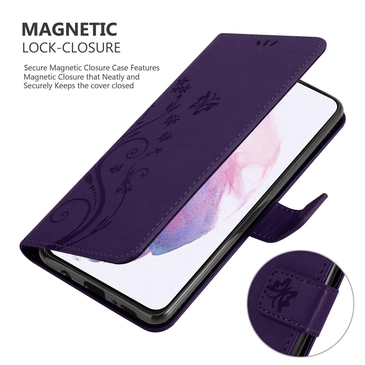 Custodia viola con fiori, aperta, rivela il telefono. Testo: Magnetic Lock-Closure.