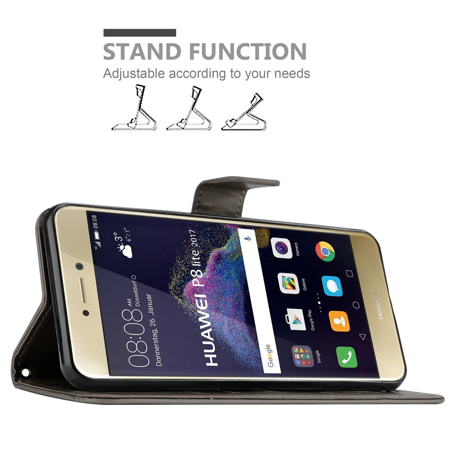 Un telefono in una custodia marrone è appoggiato su un supporto. Il testo recita STAND FUNCTION.