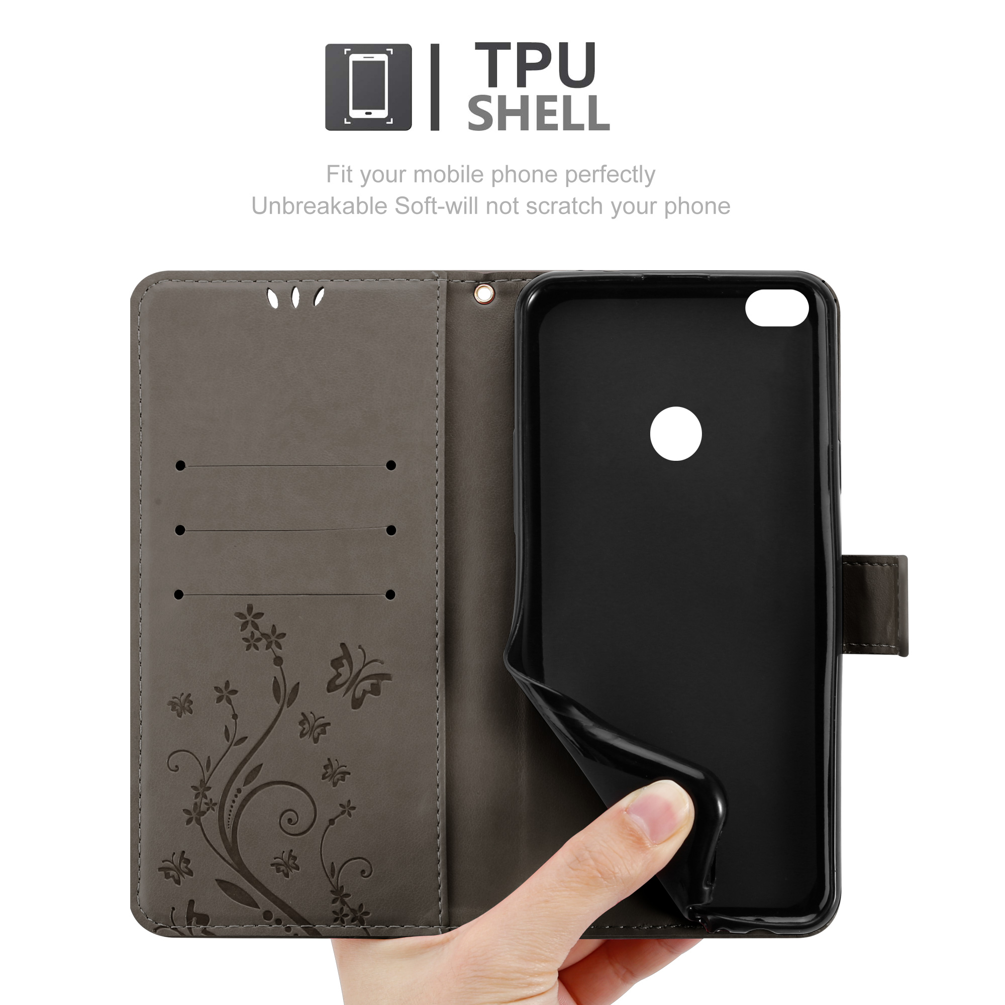 Un telefono all'interno di una custodia marrone, aperto per mostrare il telefono. Il design floreale è sulla custodia.