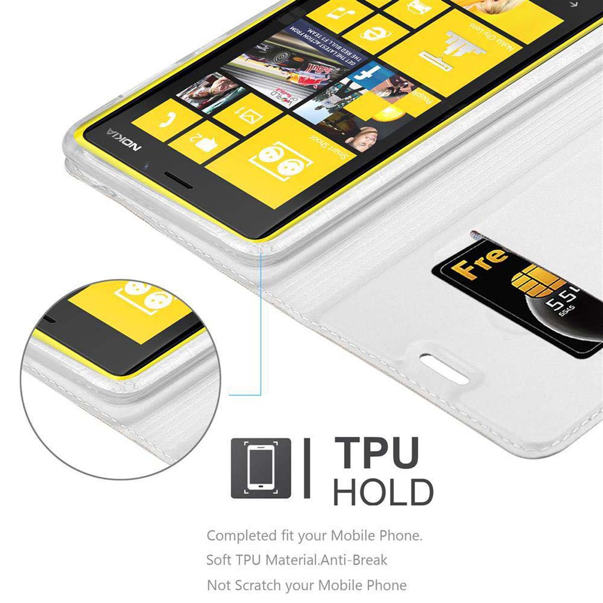 Weiße Handyhülle mit Telefon und SIM-Karte. Text: TPU HOLD.